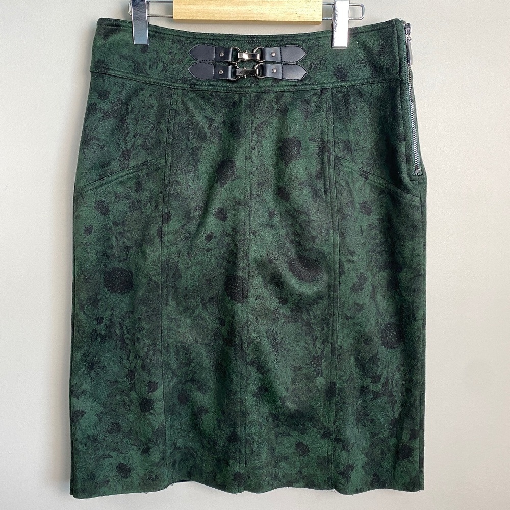 ICONIC Women's 14 Abstract Green Floral Faux Suede Skirt 1/4 Zip Festival Whimsy